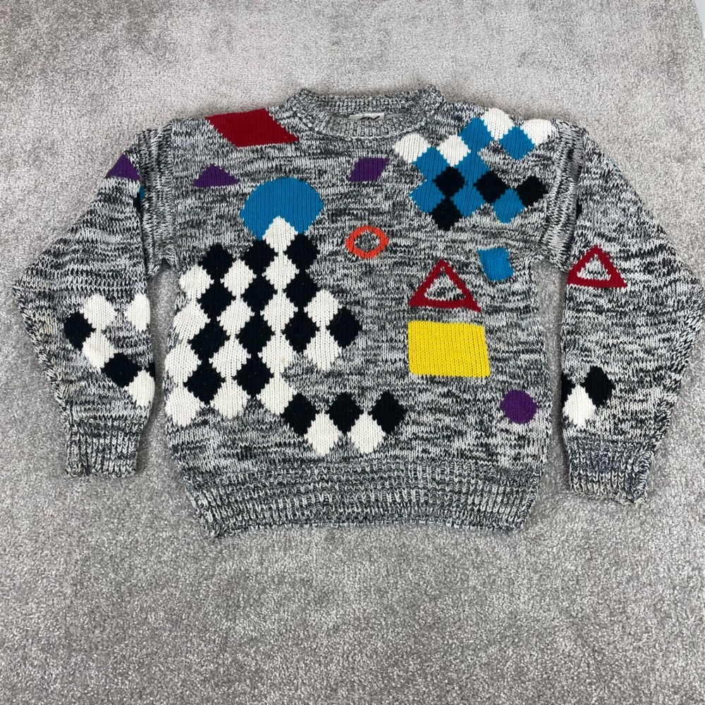 Vintage Sweater Mens Small Geometric 80s 90s Knit Multi Color Grandpa Streetwear